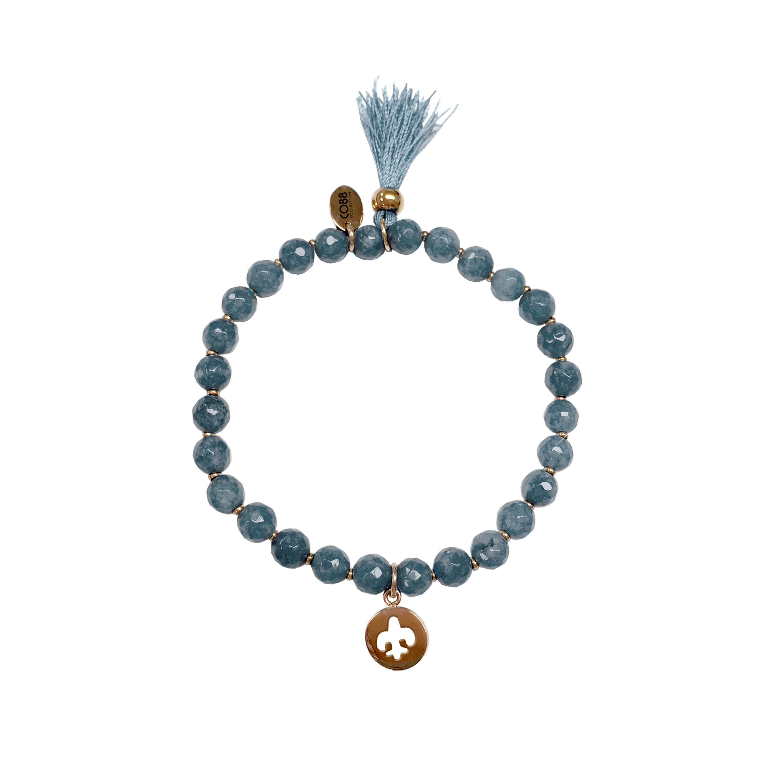 Bracelet MAELYSSE en pierres naturelles bleues avec un pompon et une pampille