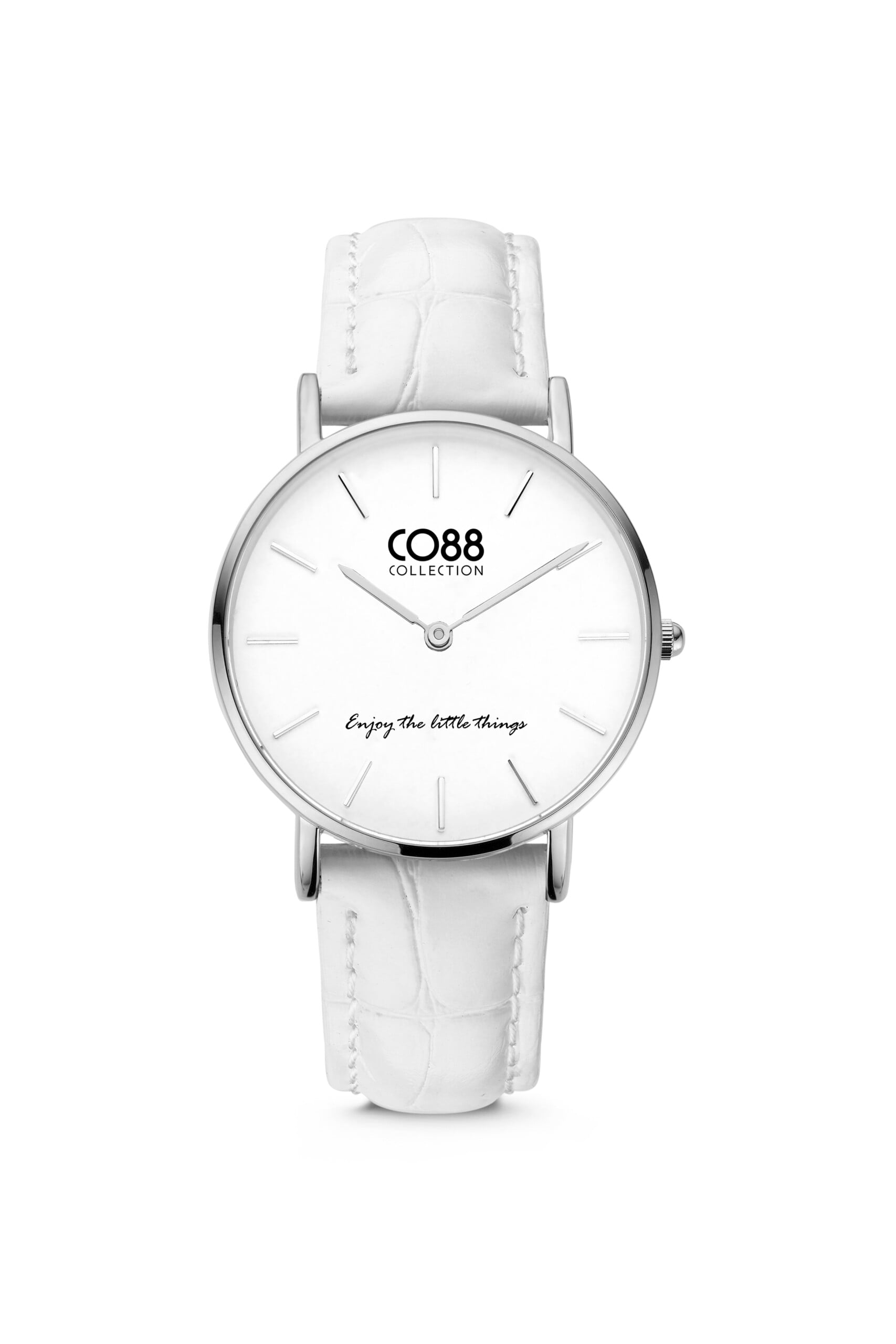 Bracelet Co88 France en cuir blanc et acier inoxydable argenté, cadrant blanc