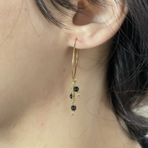Boucle d'oreille pendante/créoles Co88 France en acier inoxydable doré et pierres naturelles noires