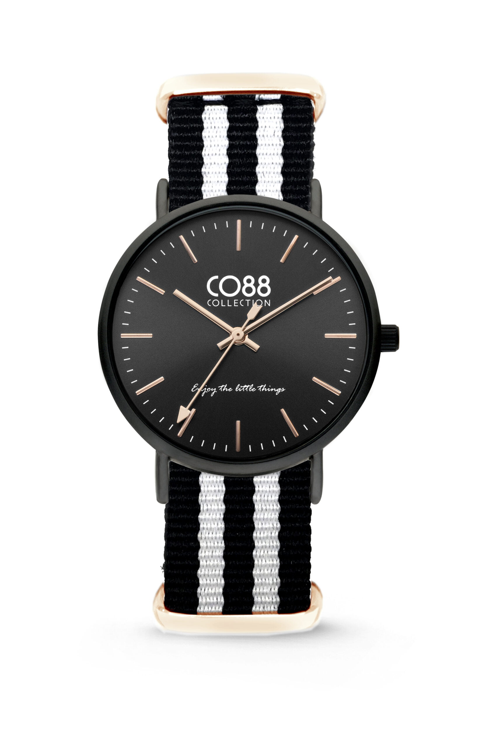 Montre Co88 France en tissu noir et blanc et acier inoxydable rose gold