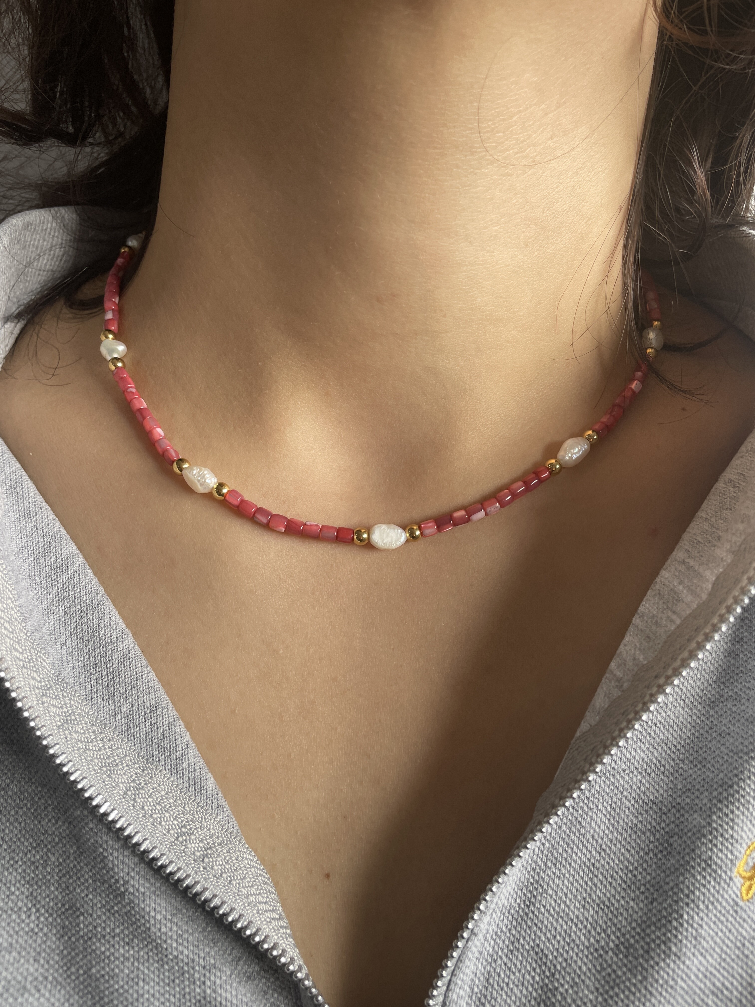 Collier Co88 France en acier inoxydable doré et perles nacrée, perles d'eau douce