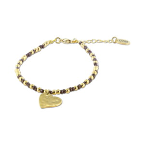 Bracelet Co88 France en acier inoxydable doré et perles marrons, pampille coeur doré