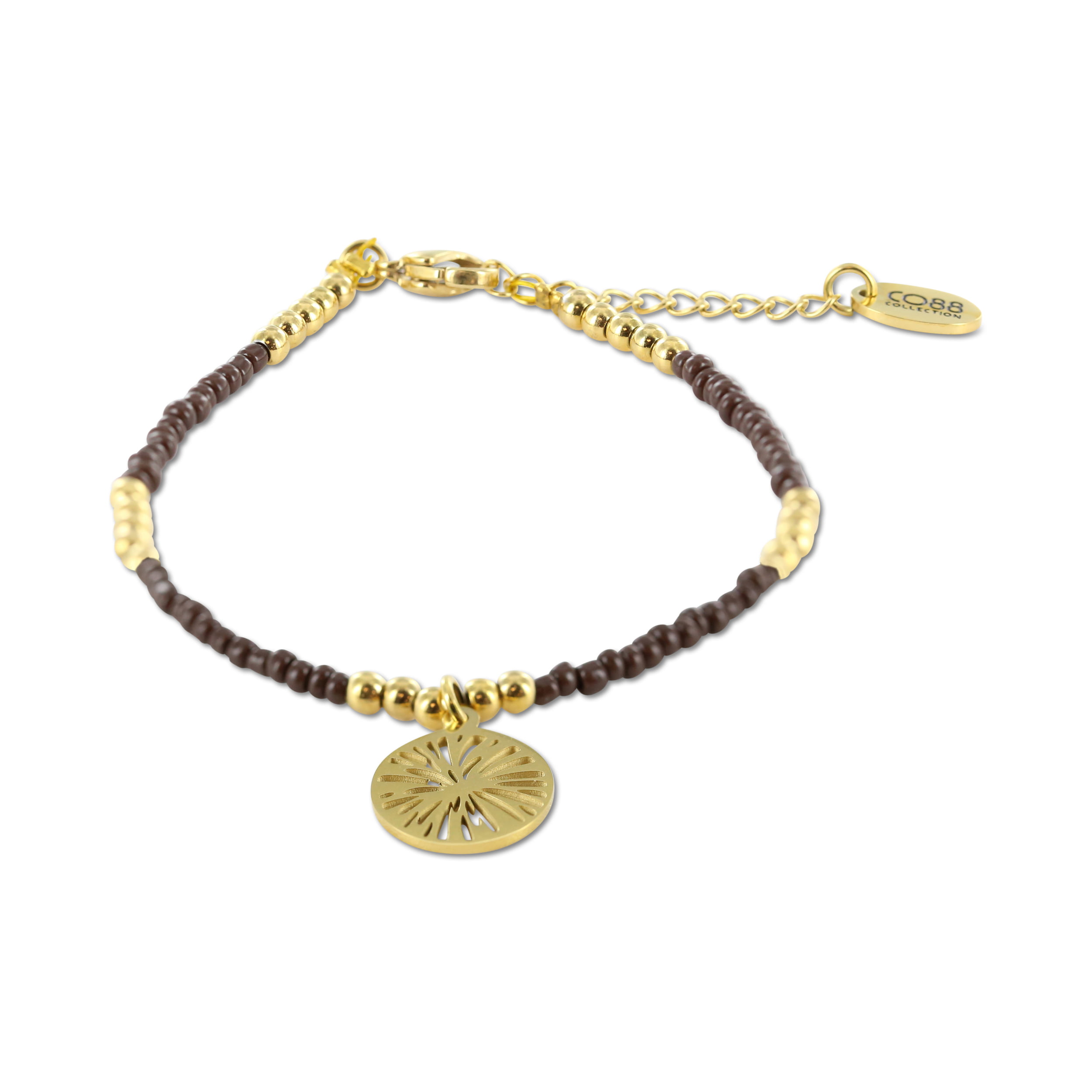 8CB-91013 Bracelet Co88 France en acier inoxydable et perles marron, pampille dorée