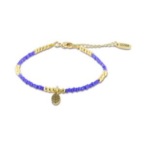 Bracelet Co88 France en acier inoxydable et perles bleues avec pampille feuille dorée