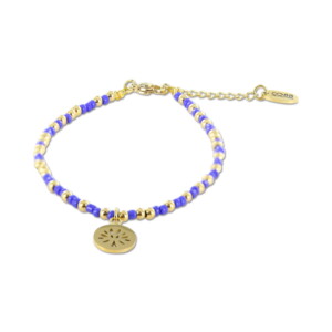 Bracelet Co88 France en acier inoxydable doré et perles bleues avec pampille dorée