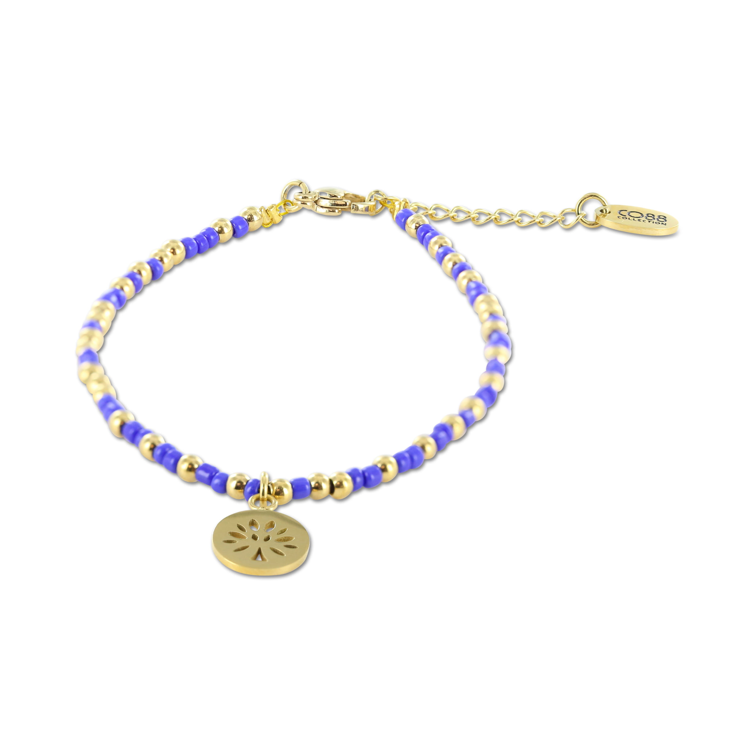 Bracelet Co88 France en acier inoxydable doré et perles bleues avec pampille dorée