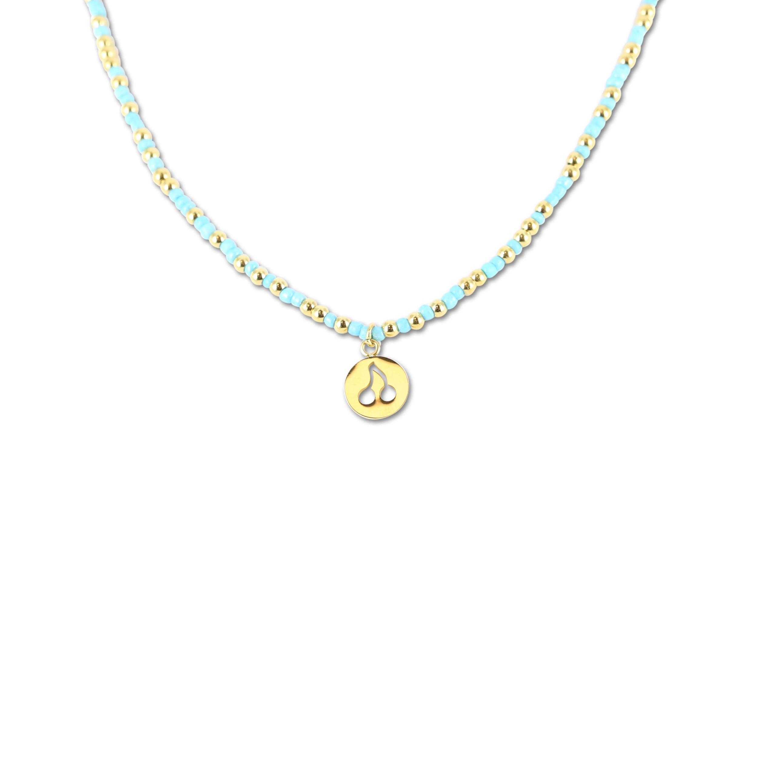 8CN-26306 Collier Co88 France en acier inoxydable doré et perles bleues, pampille cerise