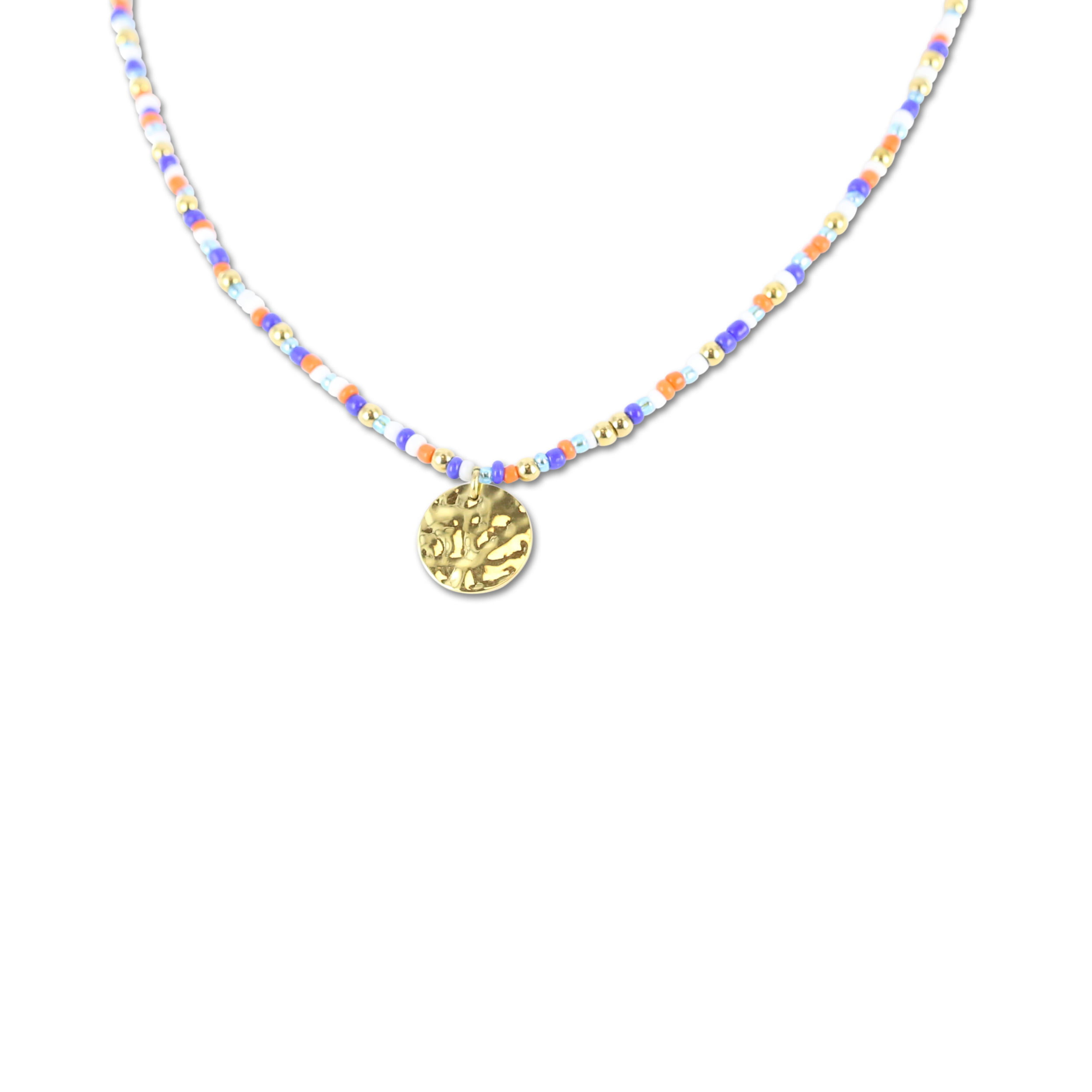 8CN-26309 Collier Co88 France en acier inoxydable et perles colorées, pampille dorée