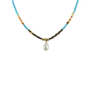 Collier Co88 France en acier inoxydable et perles colorées avec pampille perle d'eau douce