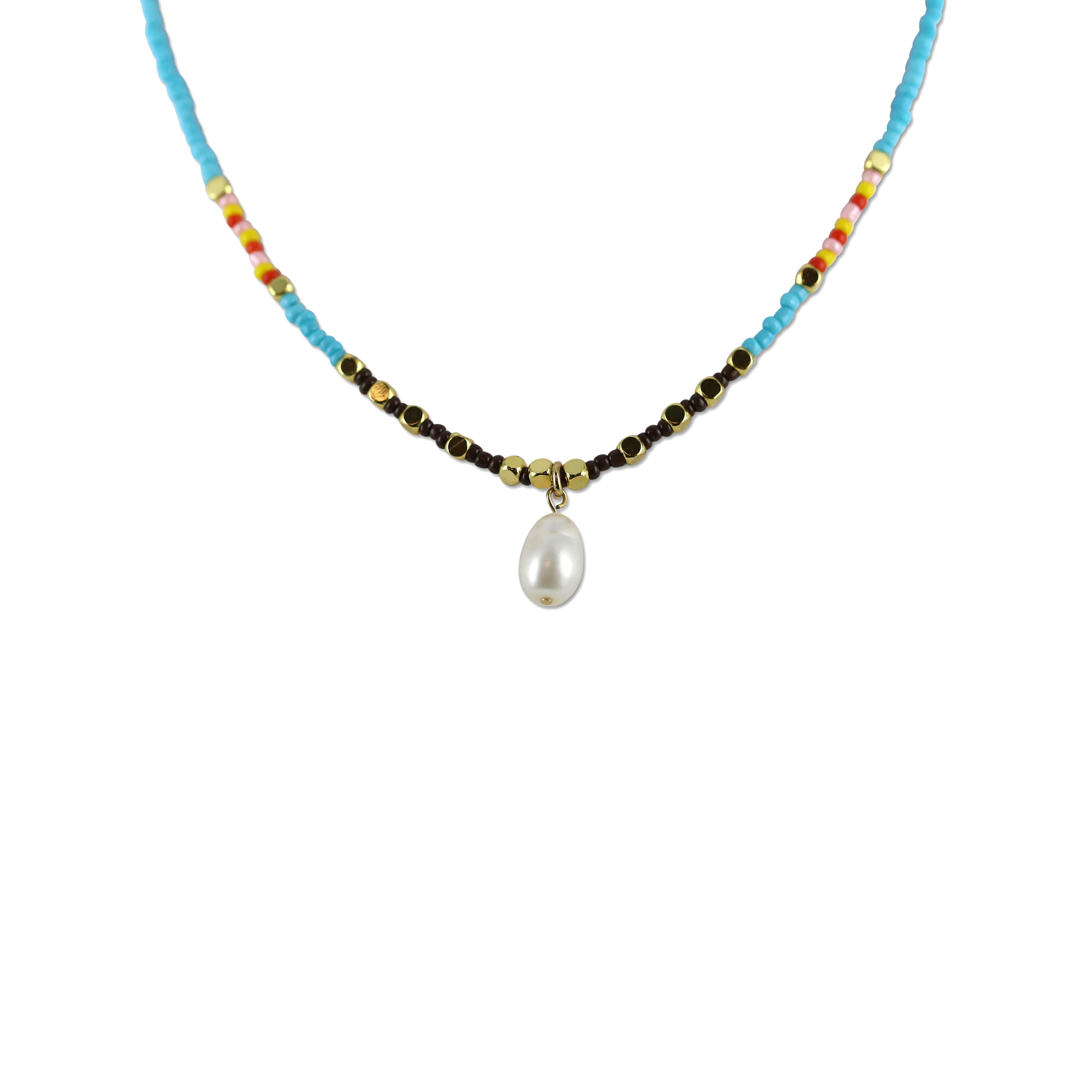 8CN-26313 (1) Collier Co88 France en acier inoxydable et perles colorées avec pampille perle d'eau douce