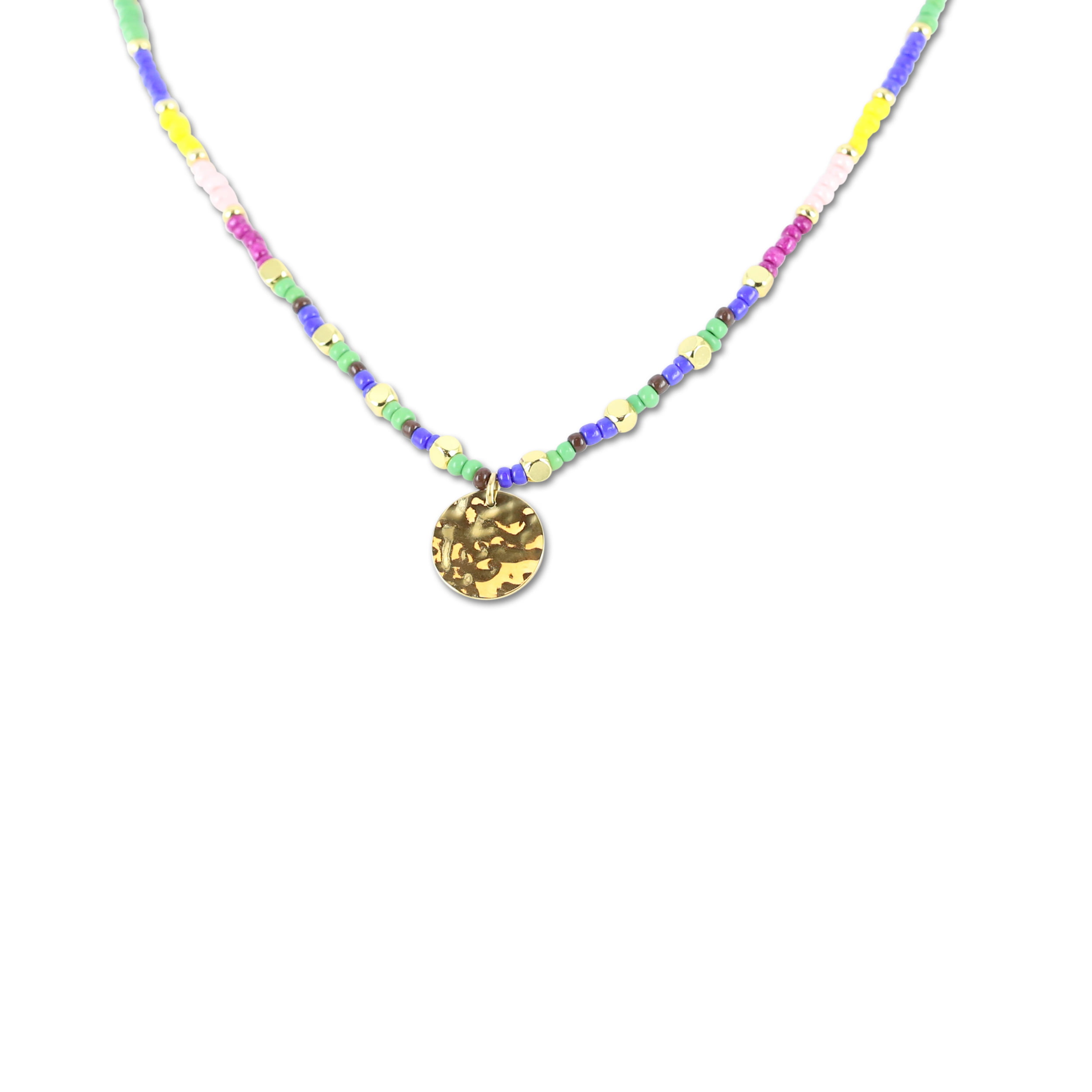 Collier en perles colorées MELINA et pampille dorée en acier inoxydable