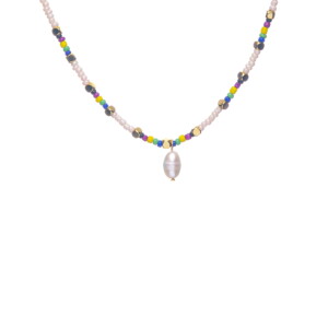 Collier CASSANDRE en acier inoxydable de la marque CO88France en perles colorées et nacrées et pampille perle d'eau douce