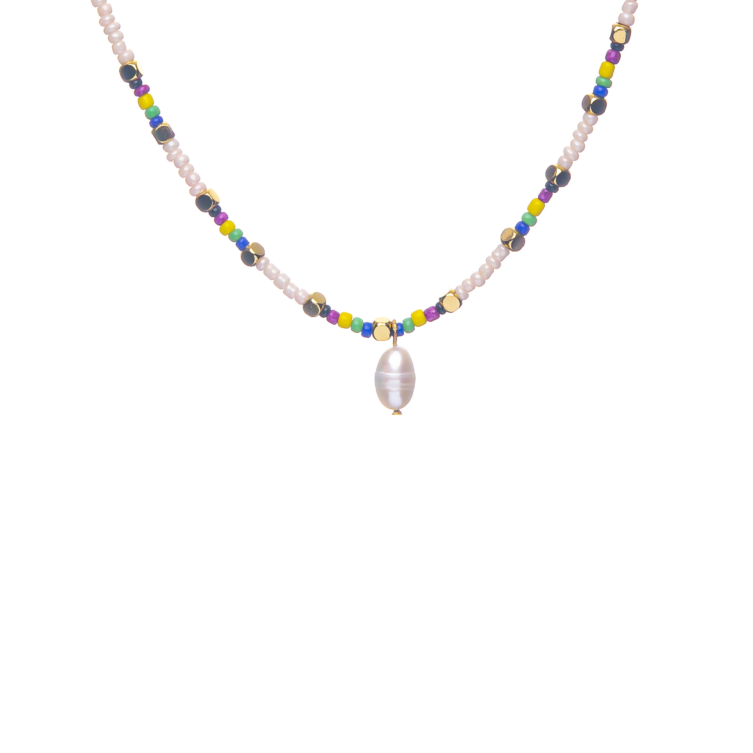 8CN-26317 Collier CASSANDRE en acier inoxydable de la marque CO88France en perles colorées et nacrées et pampille perle d'eau douce